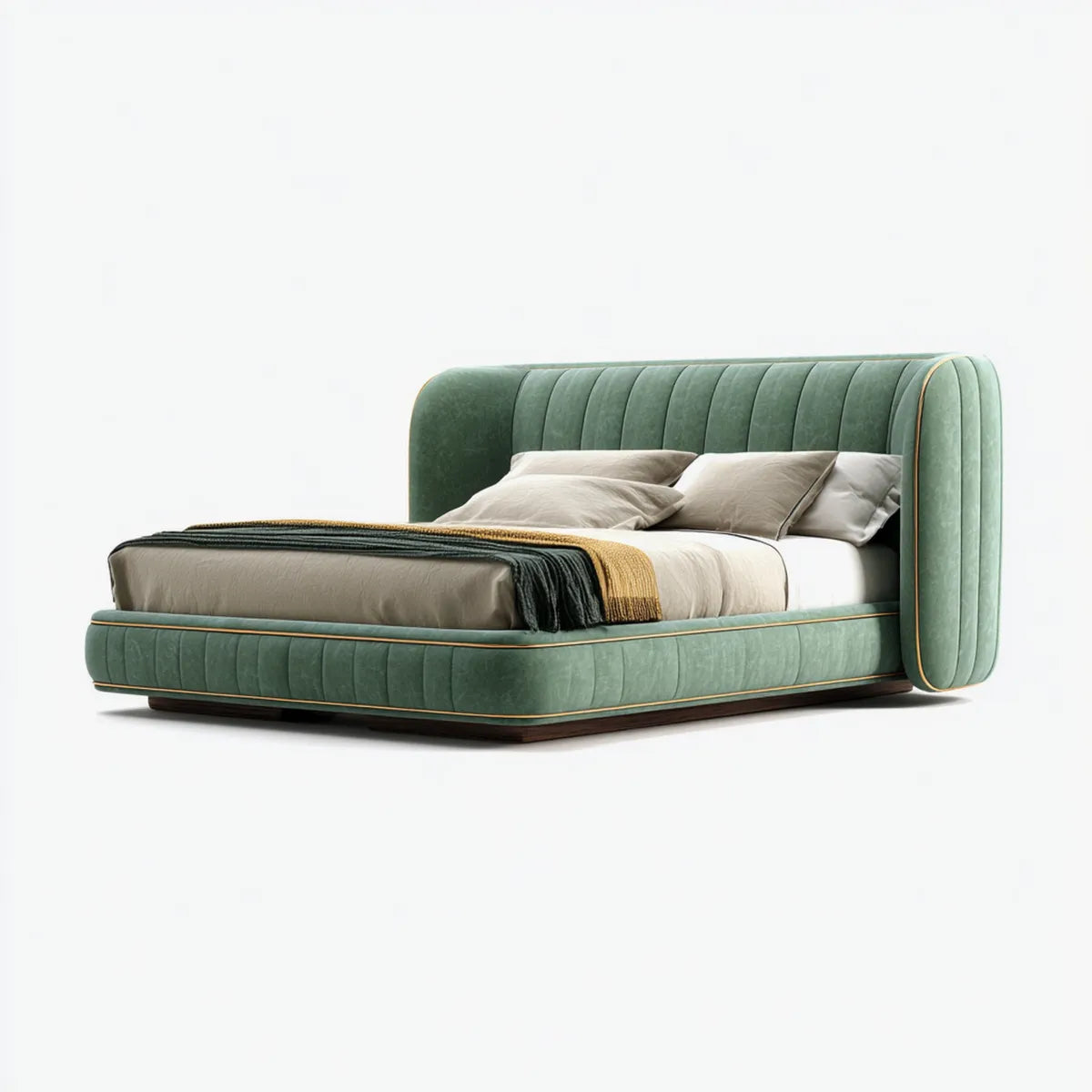 Letto matrimoniale imbottito verde in velluto di poliestere 160 x 200 cm con testiera curva