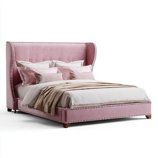 Letto matrimoniale rosa 160 x 200 cm in velluto di poliestere con testiera alta sagomata