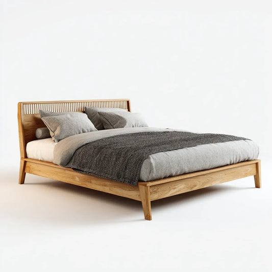 Letto matrimoniale in rovere massello naturale 160 x 200 cm con testiera a doghe rettangolare