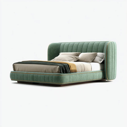 Letto matrimoniale imbottito verde in velluto di poliestere 160 x 200 cm con testiera curva