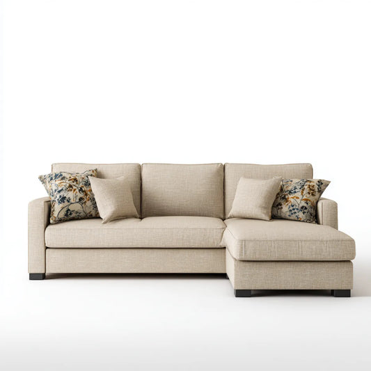 Divano angolare con chaise longue destra beige 250 x 160 x 85 cm in poliestere e multistrato di pioppo a L