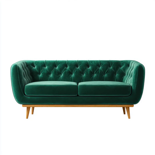 Divano 2 posti verde smeraldo in velluto di poliestere con gambe in legno massello forma rettangolare 160 x 85 x 78 cm