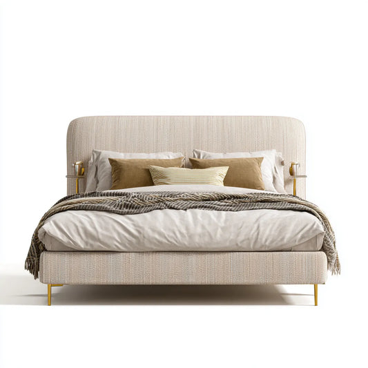 Letto matrimoniale imbottito beige 160 x 200 cm in poliestere con testiera arrotondata